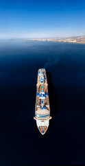 High angle view of Cruise ship in Akrotiri Bay. Limassol, Cyprus