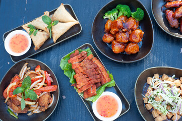 Chinese food feast overhead shot