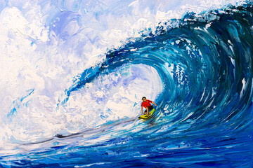 Oil Painting - Surfing Bigwave - obrazy, fototapety, plakaty