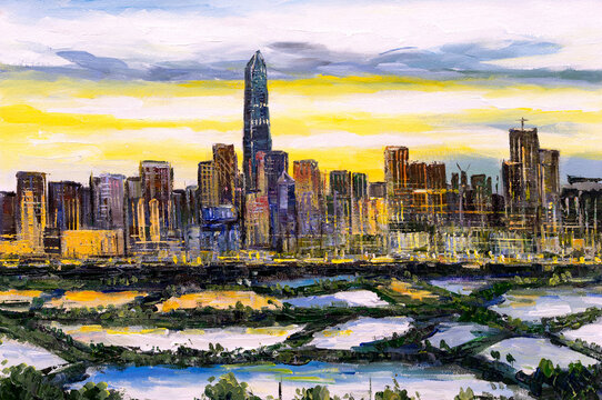 Oil Painting - City View of Shenzhen, China