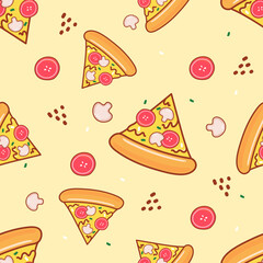 Seamless pattern pizza on yellow pastel background