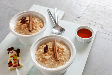 Traditional Scandinavian-style rice porridge, pudding. Close up, top view