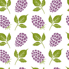 Seamless pattern with blackberries. Colorful paper cut collection of wild and garden berries and leaves in  style isolated on white background. Doodle hand drawn vector illustration
