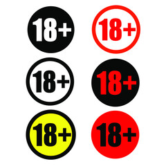 18 plus vector icons set. Under 18 not sign. Number eighteen circle. Age registration signs isolated on white background.
