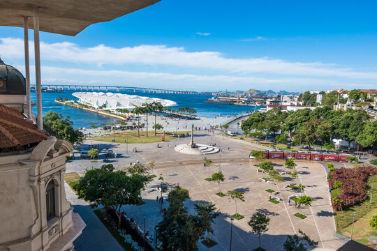 Rio de Janeiro, Brazil, May 2018- view of Pra&ccedil;a Mau&aacute;, a famous square in Rio de Janeiro, from a viewpoint at MAR museum