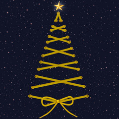 Christmas tree made of yellow lacing on a dark background.
