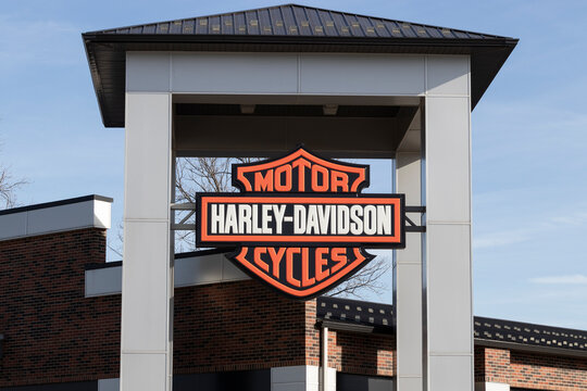 Harley Davidson logo and signage. Harley Davidson is attempting to update their image to appeal to new and younger buyers.