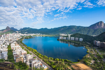 Panoramic view of Rodrigo de Freitas Lagoon (Lagoa Rodrigo de Freitas) from Cantagalo Hill - Rio de...