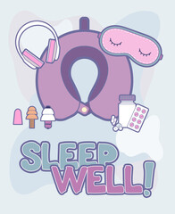 Sleep well vector poster. Illustration items vector set isolated for good sleep in plane travel. Good night cartoon concept poster against sleep disorder insomnia depression. Self helping illustration