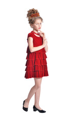 Full length. girl in red dress  posing isolated