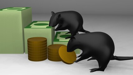 Three-dimensional 3D illustration of mice swarming around piles of dollar bills and gold coins in a white and dark room. Corruption Crime Association. For Editorial Purpose