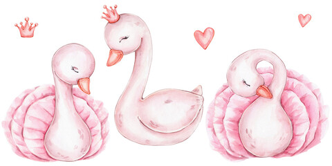 Set with three cute swans, heart and crown; watercolor hand drawn illustration; with white isolated background