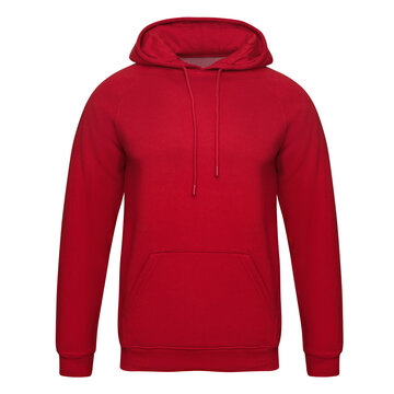 Template red hoodie isolated on white. Hoodie sweatshirt mockup front view for design and print. Hoody sports wear with long sleeve and clipping path