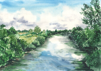 Watercolor rural landscape wirth reflection on the water. Green countryside, cloudy sky 