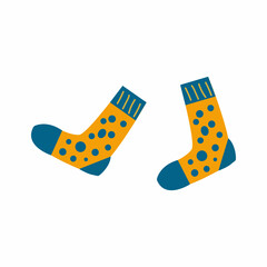 Cute socks isolated on white background in yellow color with dots. Vector illustration.