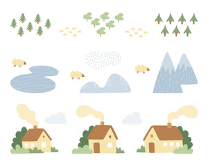 Vector set of cute houses, mountains, clouds, lakes, trees and sheep in scandinavian style. Hand drawn landscape elements for your design isolated on white background.