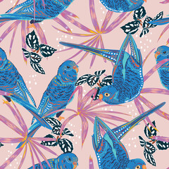 Oiseaux perroquets dessinés à la main avec un joli motif harmonieux de forêt de troicals doux, Design pour la mode, le tissu, le textile, le papier peint, la couverture, le web, l& 39 emballage et toutes les impressions