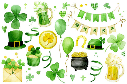 watercolor drawing. large set of cute illustrations for st patrick's day. green elements, flags, four leaf clover, beer, balls and salutes