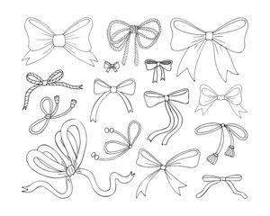 Set of satin ribbon and rope bows line art. Decoration of festive gift wrapping, hairstyles, clothes. Hand drawn vector illustration. Textile cute bow. Isolated simple elements.