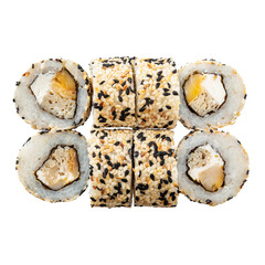 Six of Sushi roll on the white background. Closeup of delicious japanese food with sushi roll. Top view