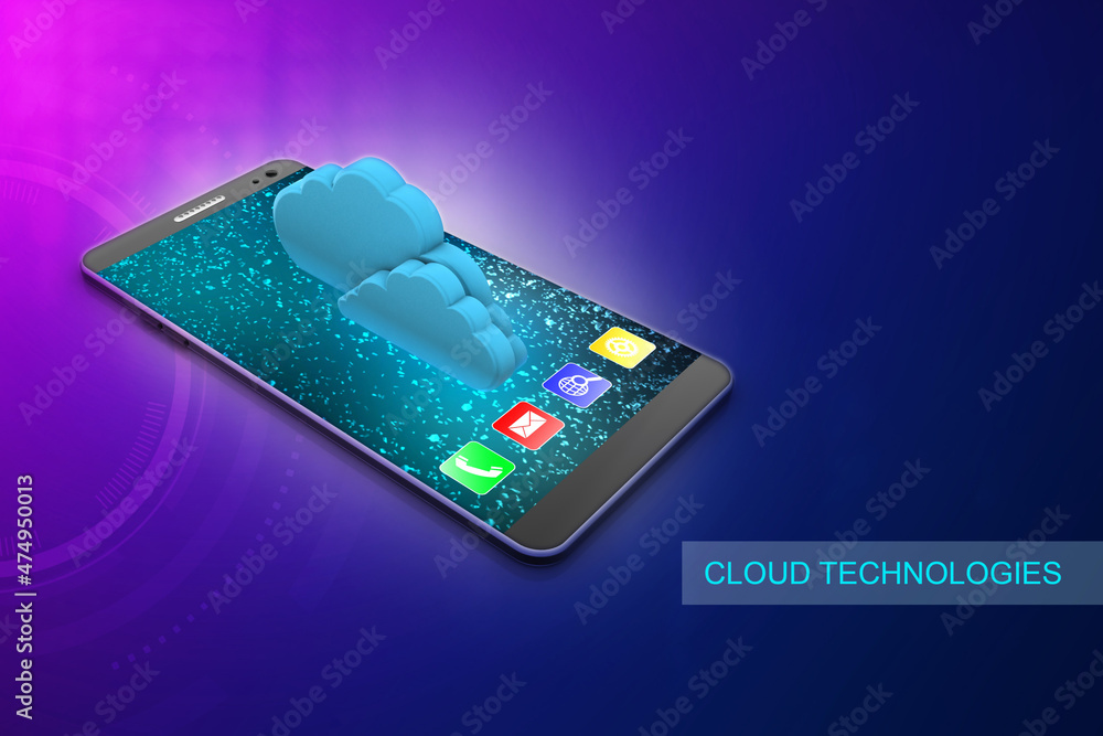 Poster 3d rendering cloud online storage icons with mobile