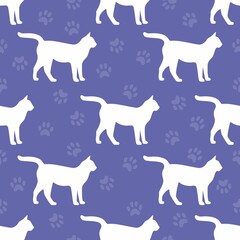 Seamless pattern with cats and footprints. Print vector illustration for design, wallpaper, surface textures