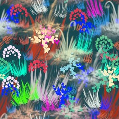 Fototapeta na wymiar Abstract floral background of bright elements on a dark background for textiles. Flowering plants seamless pattern.