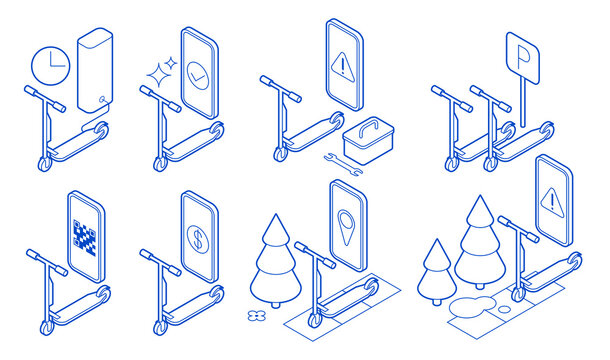 Isometric Electric Scooter Illustrations Set