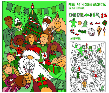 Find hidden objects. Christmas Puzzle for kids. Santa Claus, children, parents, grandparents, adults by the Christmas tree.  Game for family celebration, school, party. Hand drawn vector.