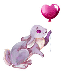 Drawing rabbit of a red heart shape with blots in watercolor on white paper, Valentine's Day theme.