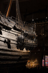 The magnificent wooden Vasa warship salvaged from the sea and displayed at Vasa Museum. Swedish warship that was built from 1626 to 1628. © Boumenjapet