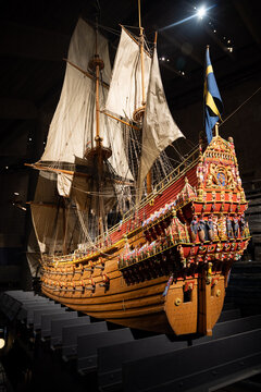 Model of The magnificent wooden Vasa warship salvaged from the sea and displayed at Vasa Museum. Swedish warship that was built from 1626 to 1628.
