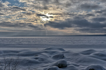 Snowy Lake Onega in winter