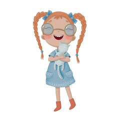 Cute children's illustration with a cartoon little girl in glasses hugging a cat in pastel colors