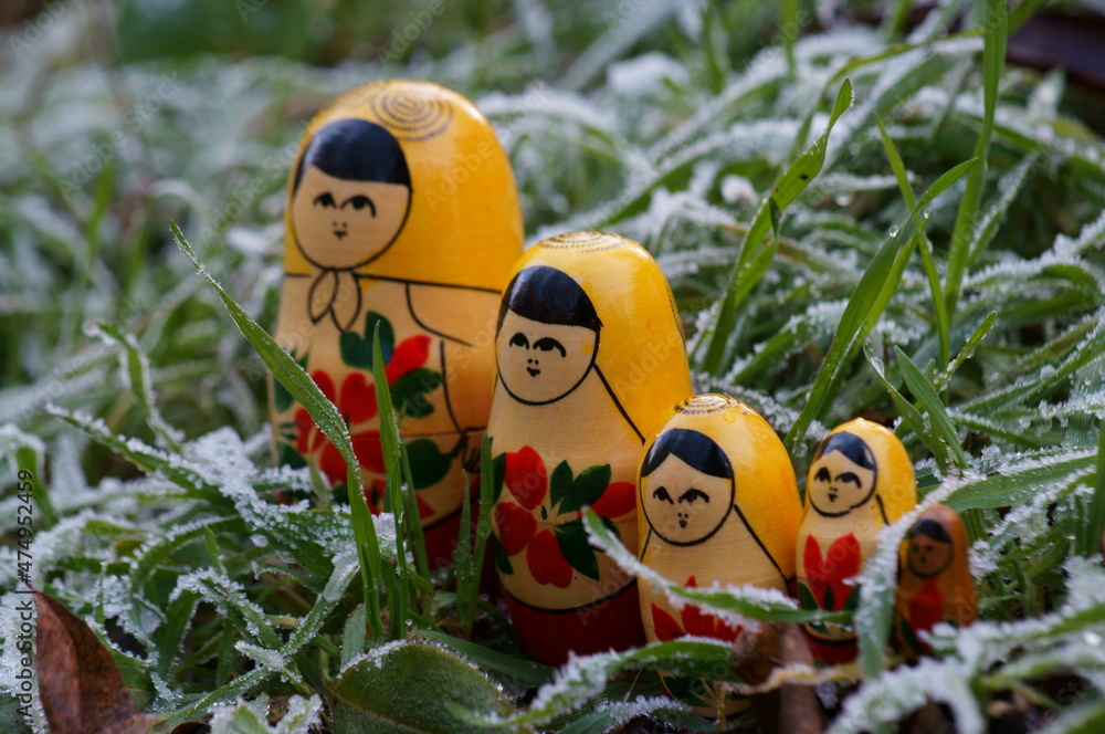 Wall mural Matryoshka dolls on a background of green grass covered with frost. The onset of frost.