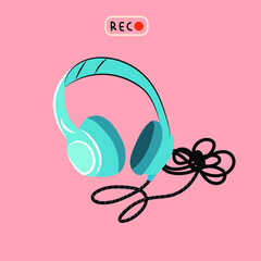 Blue wired isolated Headphones on pink background. Podcast recording and listening, broadcasting, online radio, audio streaming service Concept. Hand drawn Vector poster. Print template
