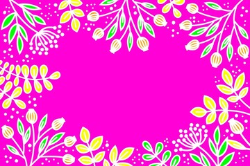 Leaves, flowers and twigs on a bright pink background. Frame made of plants with floral design. Space for text and graphic design. Festive background with a pattern of twigs.