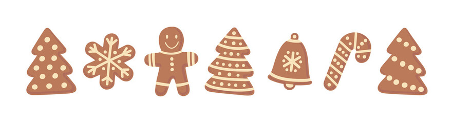 Gingerbread cookies set. Figures covered by icing-sugar ornaments. Flat vector illustration isolated on white.