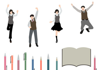 カラフルなペンとノート、ジャンプして喜びを表現している学生たち（表情あり）