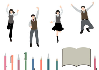 カラフルなペンとノート、ジャンプして喜びを表現している学生たち