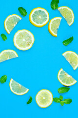 Fresh lemon pattern on a bright color background flat lay