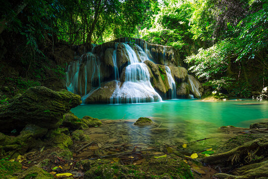 Huai Mae Khamin Waterfall attractions National Park on the Lake of Srinakarin Dam, Kanchanaburi, Thailand.Huai Mae Khamin Waterfall on winter season © banjongseal324