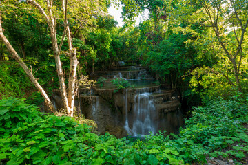Fototapeta na wymiar Huai Mae Khamin Waterfall attractions National Park on the Lake of Srinakarin Dam, Kanchanaburi, Thailand.Huai Mae Khamin Waterfall on winter season