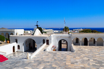 forecourt of the superb Panaghia Evangelistria cathedral overlooking Tinos, famous Cyclades island, in the heart of the Aegean Sea - obrazy, fototapety, plakaty