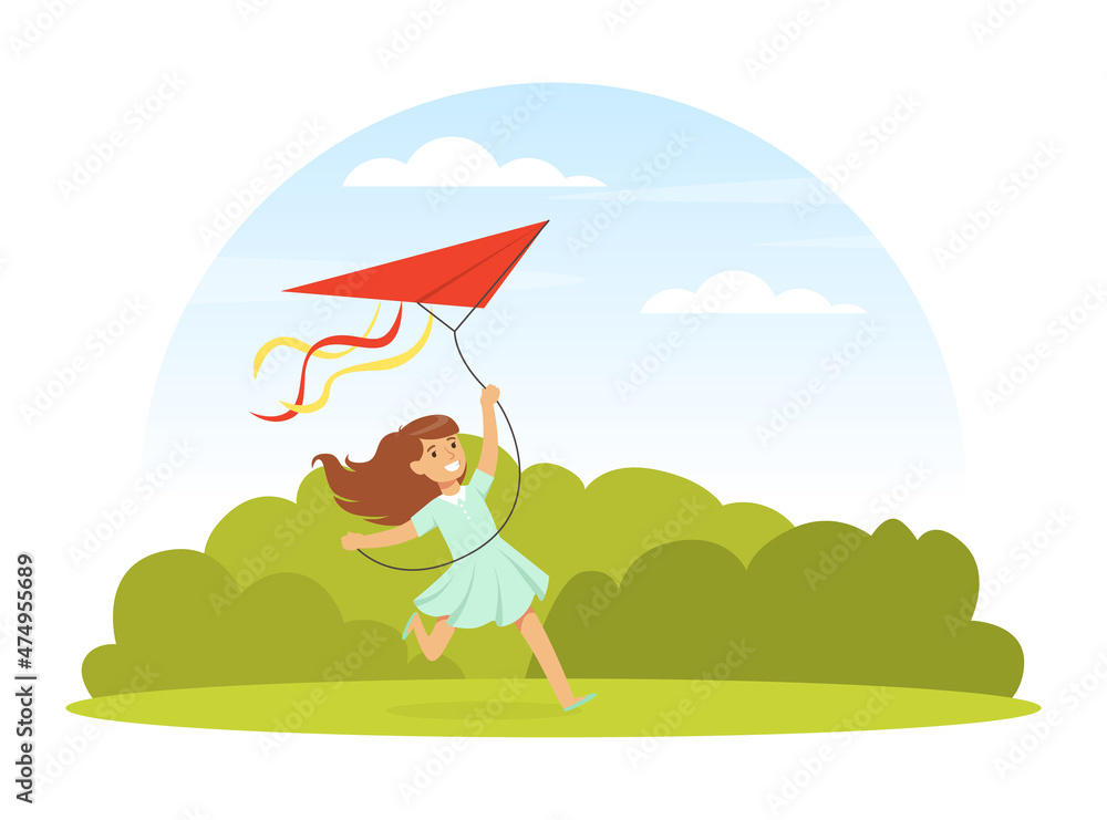 Poster Little Girl Flying Kite Holding It by String Playing Outdoor Vector Illustration