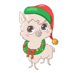 Illustration of a cute cartoon Christmas llama isolated on a white background. Cute cartoon Christmas animals.