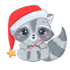 Illustration of a cute cartoon Christmas raccoon isolated on a white background. Cute cartoon Christmas animals.