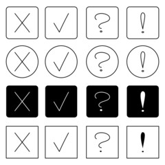 set of black and white handwritten question marks, exclamation marks, done, cancellation isolated on a white background, graphics for website design, presentation, mobile application, vector