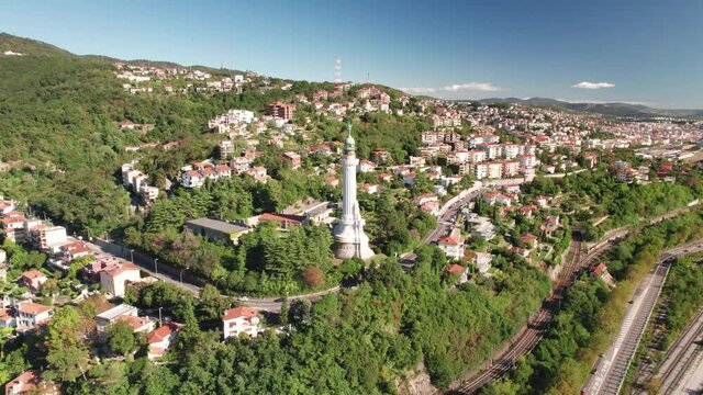Trieste lighthouse Phare de la Victoire and cityscape panoramic aerial view, Friuli Venezia Giulia region of Italy
