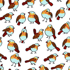 Birds, cartoon, fashion, animals vector seamless pattern isolated on bright background. Concept for print, cards